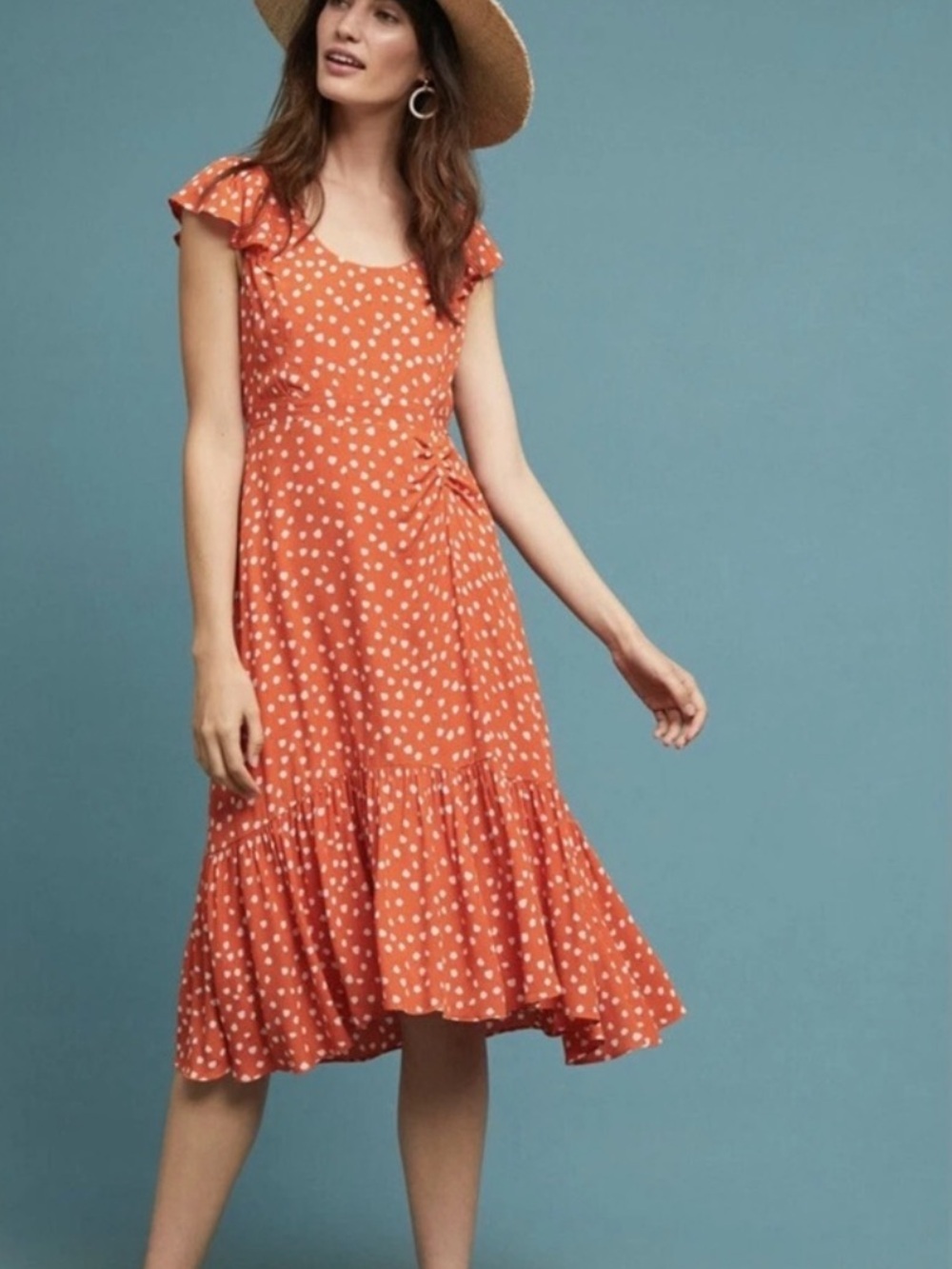 Anthropologie | Maeve Orange Floral Dress with Flutter Sleeve Midi Length Dress